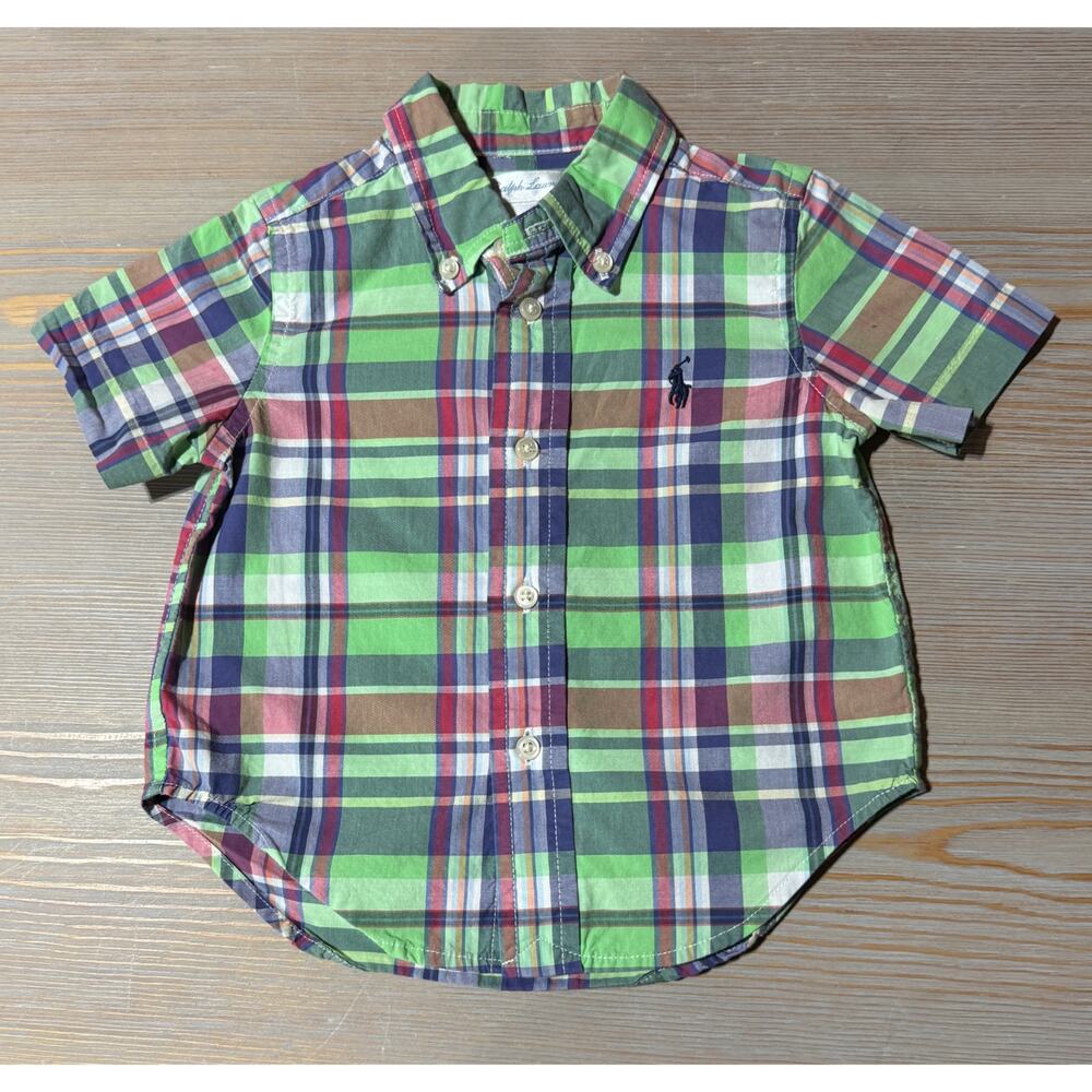 Polo Ralph Lauren Baby Boys Green Multi Plaid Cotton Poplin Shirt (Size 12M)
